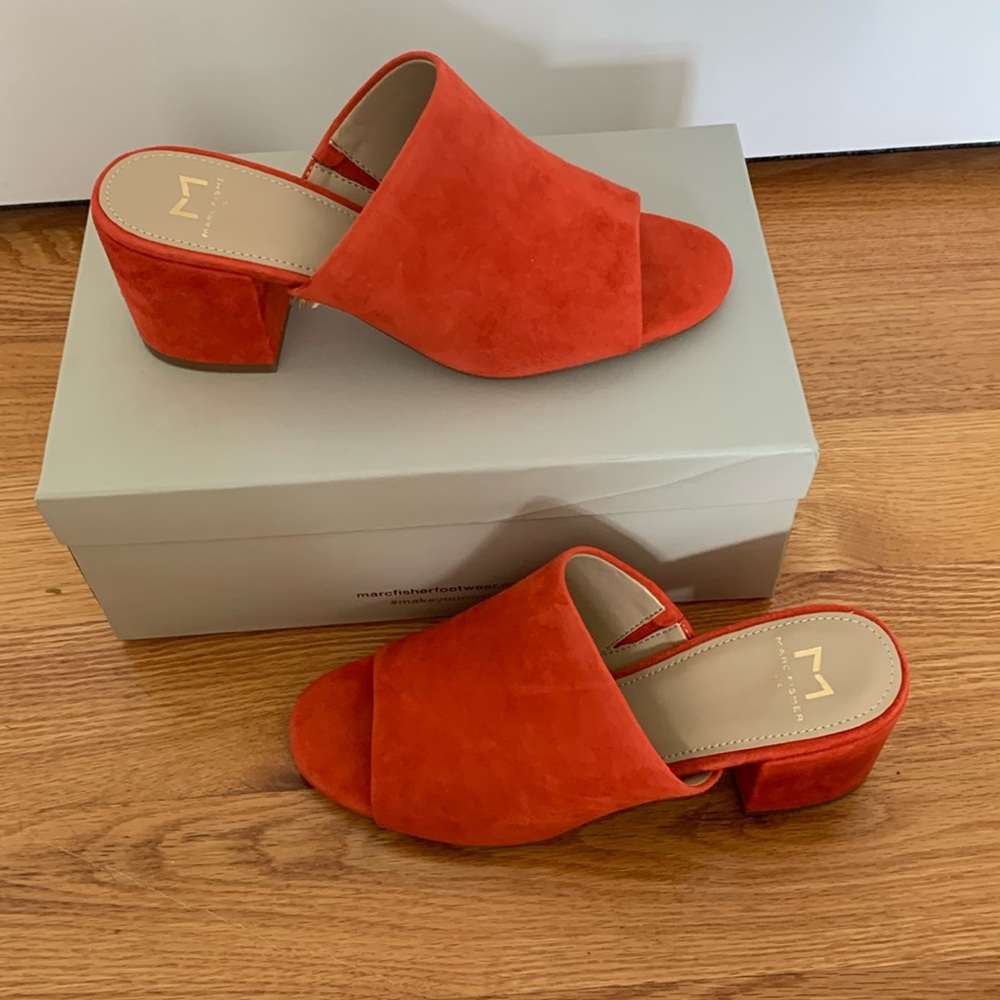 Red-orange suede heeled sandals